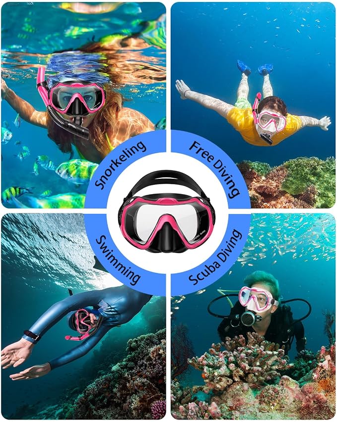 Snorkeling Gear for Adults, Adult Snorkel Set with Panoramic Anti-Leak and Anti-Fog Tempered Glass Snorkel Mask, Dry Top Snorkel, Snorkle Mask Set Adult with Mesh Bag Ear Plug for Snorkeling
