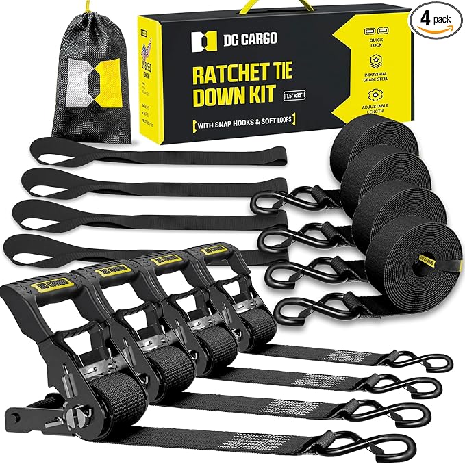 DC Cargo Mall Ratchet Straps Tie Downs 4 Pack (5,000 LB Break Strength) 1.5" x 15 Feet Tie Down Straps with Safety Lock S Hooks for Cargo, Trucks, Appliances, Moving.