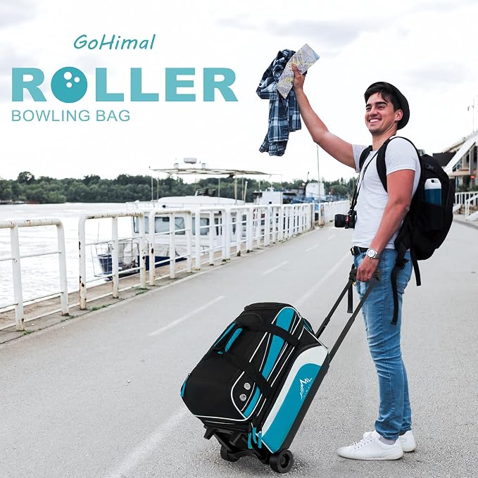 GoHimal Double Roller 2 Ball Bowling Bag with Separate Shoe Compartment for Bowling Shoes (Up To US Men Size 15) and Abundant multifunction Accessory Pocket, Upgraded fabric, Retractable Handle - Extends to 40"
