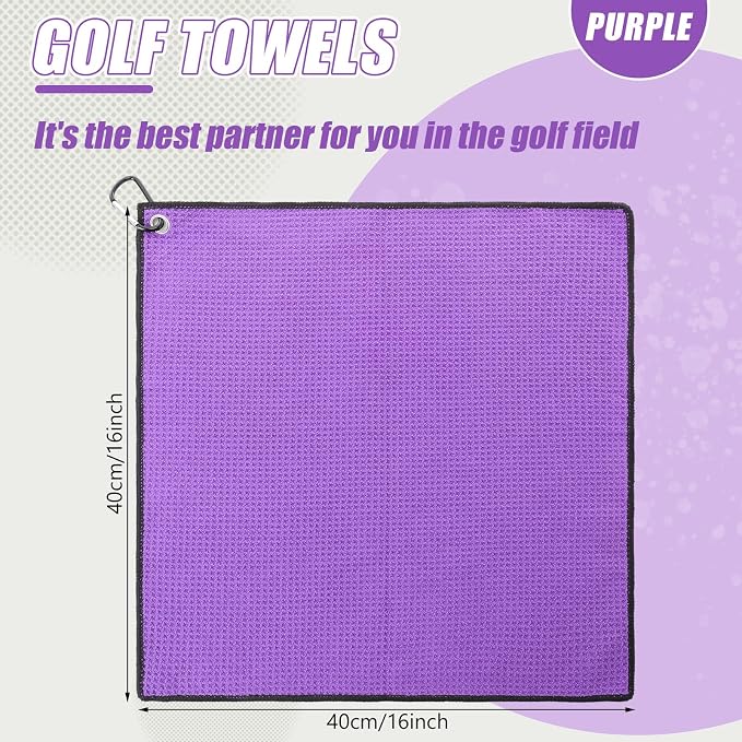 Batiyeer 30 Pcs Golf Towels Bulk for Bags 16'' x 16'' Microfiber Fabric Golf Towel with Clip Waffle Pattern for Men Mini Tournament Fitness Yoga Camping (Purple)