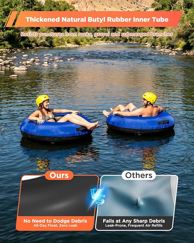 Heavy Duty River Tube for Floating, 44" River Float for Adults with Upgraded Handles and Drink Holder, Abrasion Proof 600D Canvas Cover Outdoor Inflatable Water Tube with Towable Strap