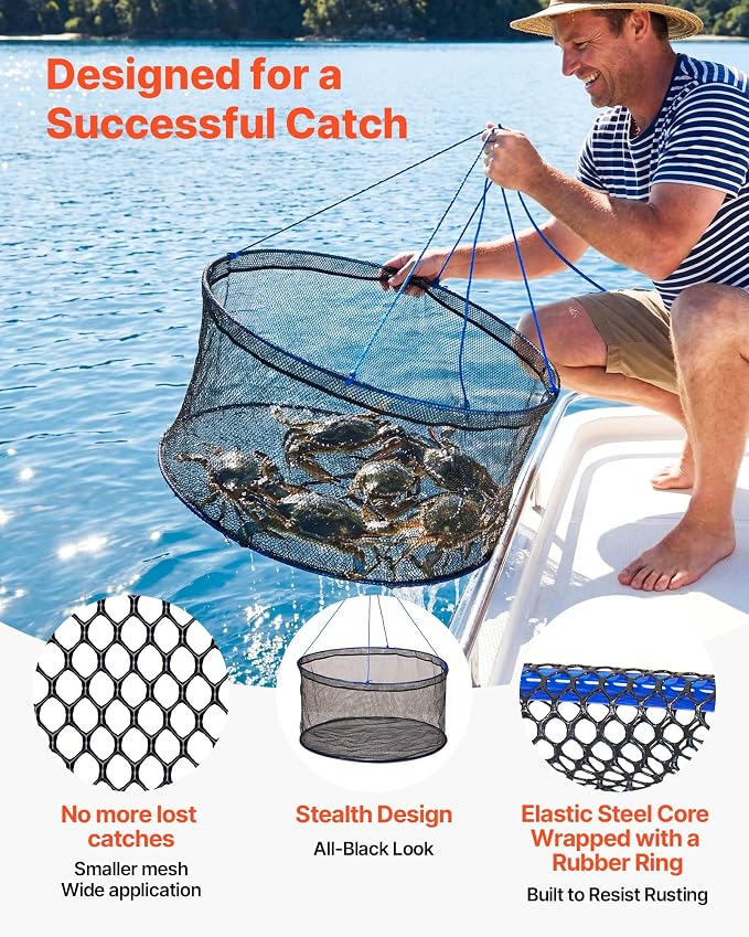 VEVOR Foldable Fishing Net, Landing Fishing Pier Nets, Portable Drop Net for Pulling up Fish, Durable and Fish-Friendly, with Rope and Storage Bag, for Minnows, Crawfish, Shrimp, Crab
