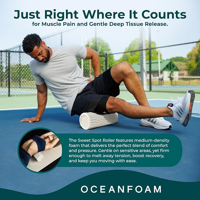 Oceanfoam Sweet Spot Medium Exercise Foam Roller 14"x5.5" – Medium Density Travel Foam Roller for Physical Therapy, Deep Tissue Massage, Yoga, Pilates, Classic Exclusive Wave Texture (Natural)