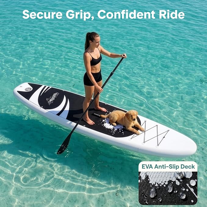 SereneLife 10’6" Inflatable Stand Up Paddle Board with Premium SUP Accessories - Wide Stable Design with Non-Slip EVA Deck Pad, for Youth and Adults, 350 lbs. Capacity