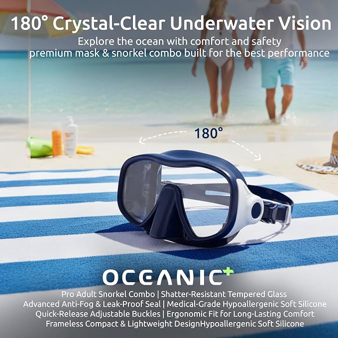 Oceanic Snorkel Mask for Adults, Frameless Single Lens Mask with Tempered Glass, Soft Silicone Skirt & Strap, Quick-Release Buckles for Snorkeling & Scuba