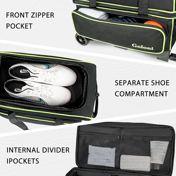 Goloni Double Roller 2 Ball Bowling Bag with Separate Shoe Compartment,2 Ball Bowling Bag with Wheels,Retractable Handle Extends to 40"