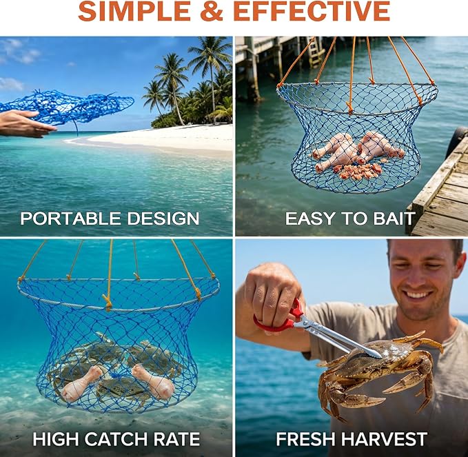 Collapsible Crab Trap Foldable Double Ring Crab Trap,Stainless Steel Ring Crabs Net Portable Crabbing net Set for Easy Storage with 100ft Rope,Bait Bag, Clip,Gauge for Dungeness, Rock and Blue Crabs