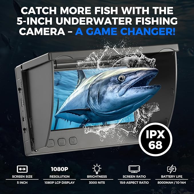 Underwater Fishing Camera 5000mAh/8000mAh Battery,4.3"/5" LCD & IR Night Vision, IP68 Waterproof Portable Fish Camera,98ft Cable for Ice, Lake, Boat & Kayak Fishing