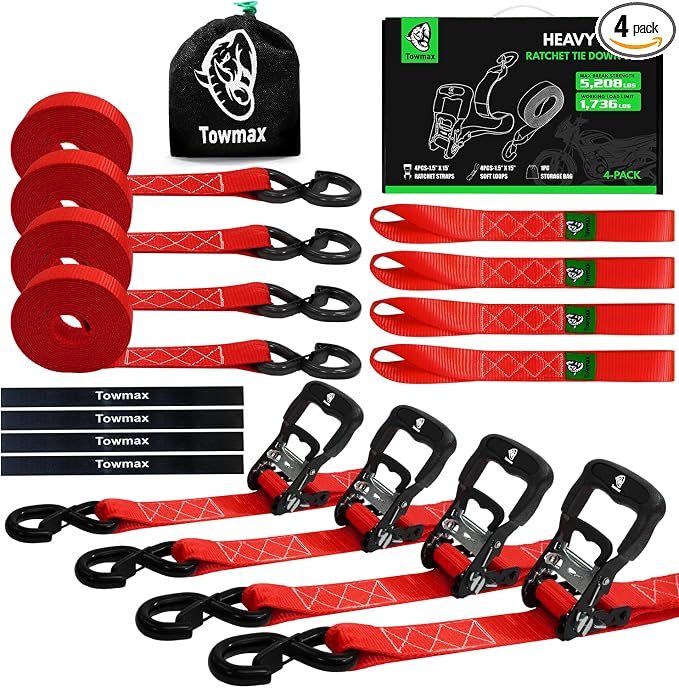 Ratchet Straps Heavy Duty 4 Pack -1.5 Inch x 15 Feet (5,208LB Break Strength)- Motorcycle Tie Down Straps -1.5xThickened Wear-Resistant Ratchet Tie Down Set for Powersports, Motorcycle or Moving Cargo