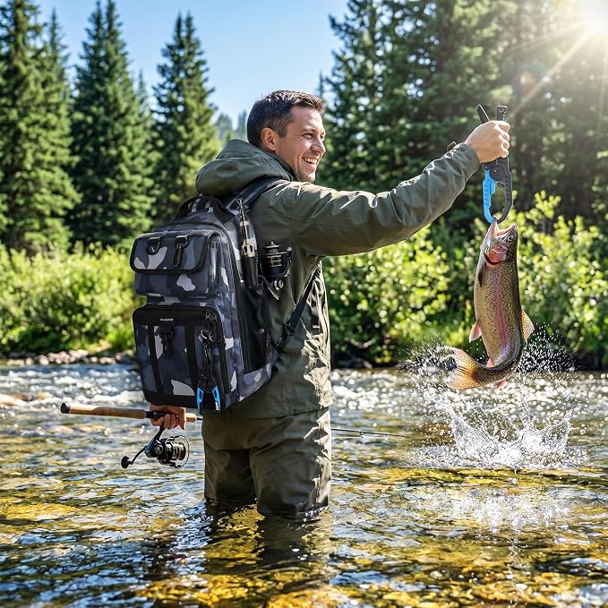 PLUSINNO Fishing Backpack with Fishing Gear, Tackle Box, Fish Accessories & Tools, Waterproof Sling Tackle Bag with Rod Holders, Lures for Freshwater/Saltwater, Fishing Gifts for Men