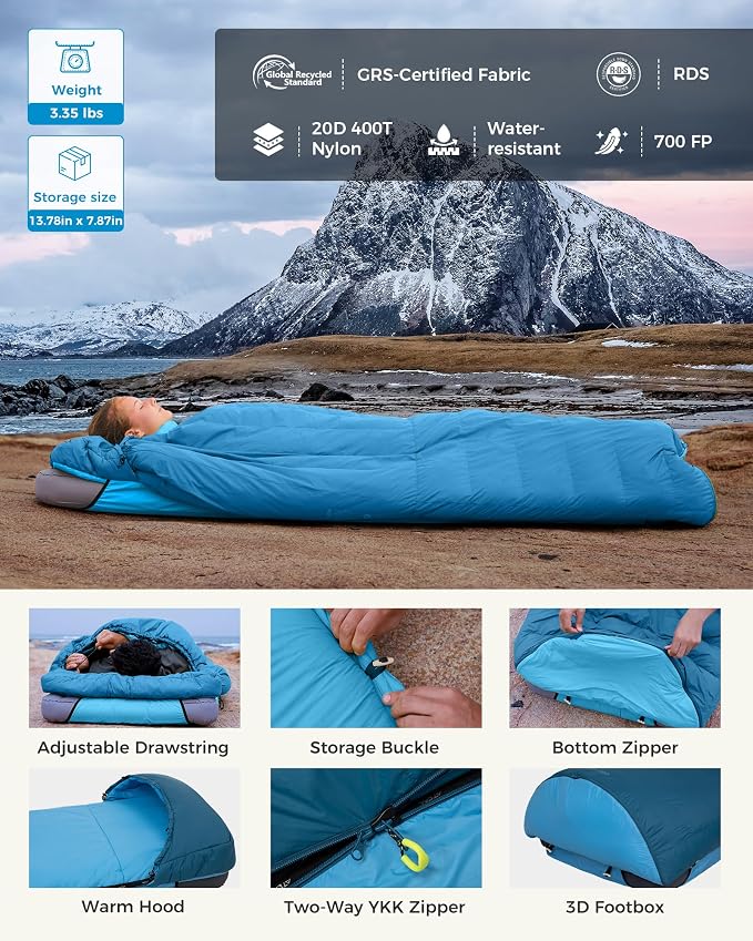ATEPA Down Sleeping Bag for Adults, Recycled Ultralight 35°F 40°F 45°F 50°F 650FP / 700FP 3 Season Compact Sleeping Bags with Compression Sack for Backpacking Camping Hiking, Can Be Attached to Pad