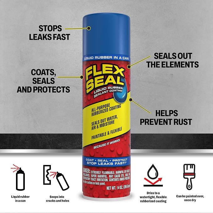 Flex Seal, 14 oz, 2-Pack, Blue, Stop Leaks Instantly, Waterproof Rubber Spray On Sealant Coating, Perfect for Gutters, Wood, RV, Campers, Roof Repair, Skylights, Windows, and More