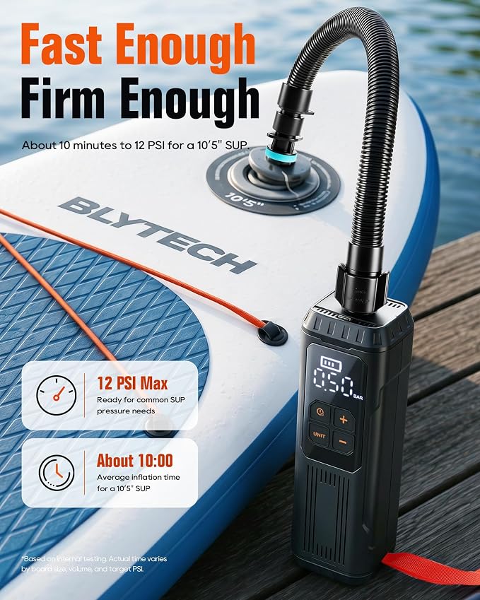 Mini Paddle Board Pump, Portable SUP Air Pump with Battery, Lightweight Electric Inflator 12 PSI Auto Shut-Off, USB-C Rechargeable for Paddle Boards, Kayak, Pool Floats