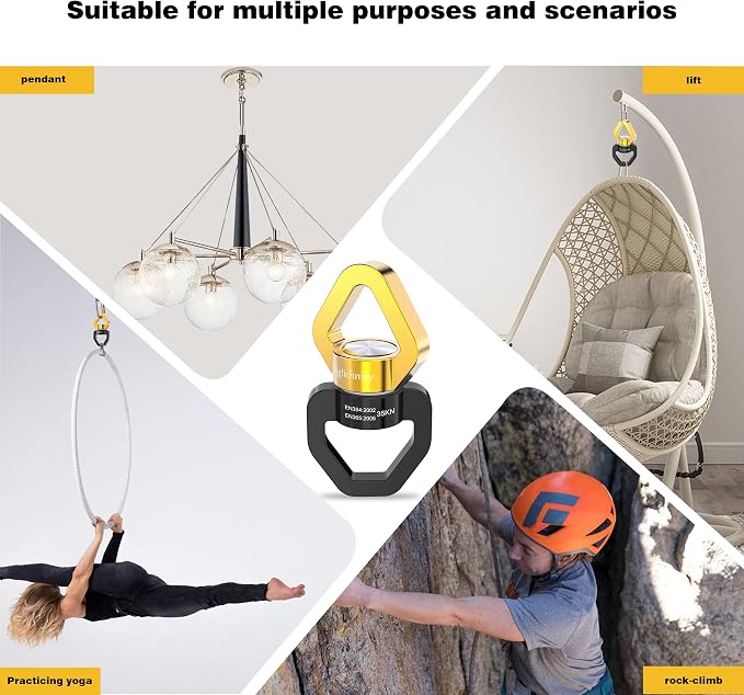 Swing Swivel Heavy Duty, 35KN Safety Rotational Device,Spinner Swivel for for Web Tree Tire Rope Swing, Aerial Dance, Hanging Hammock with 2 carabiners,Black Gold