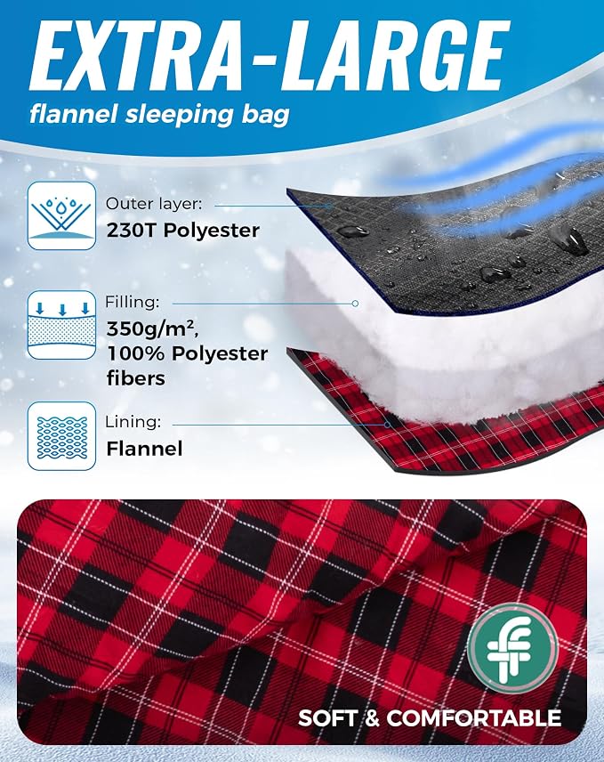 KingCamp Sleeping Bag for Adults Big and Tall, Cold Weather Camping Sleeping Bag with Soft 100% Cotton Flannel Lining, Portable Lightweight Outdoor Traveling & Car Camping