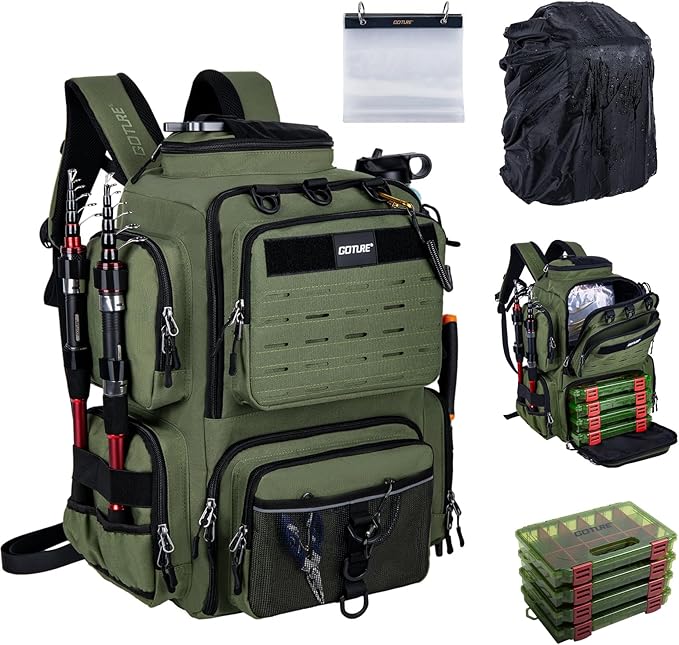 Goture Fishing Backpack with 4 Tackle Boxes,900D Water-Resistant Tackle Backpack with Rod Holders,SBS Zippers,45L Large Tackle Storage Gear Bag with Rain Cover,Bottle Holder for Travel Camping Hiking