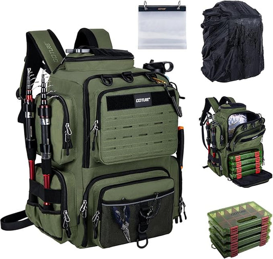 Goture Fishing Backpack with 4 Tackle Boxes,900D Water-Resistant Tackle Backpack with Rod Holders,SBS Zippers,45L Large Tackle Storage Gear Bag with Rain Cover,Bottle Holder for Travel Camping Hiking