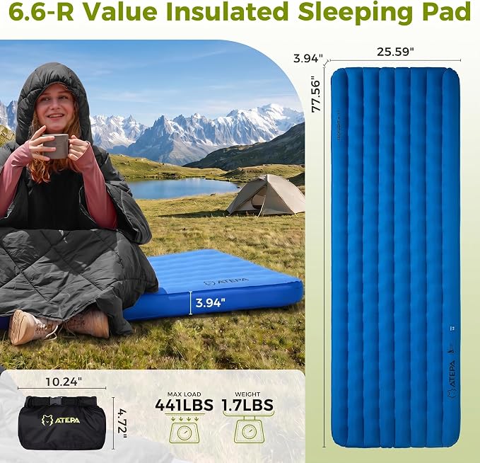 ATEPA ThermAir Pro Insulated Sleeping Pad for Backpacking, 6.6 R-Value 4” Thick Ultralight Quiet Camping Air Mattress with Pump Sack, Wide Long 77”x25”, 4-Season Sleeping Mat for Hiking Travel