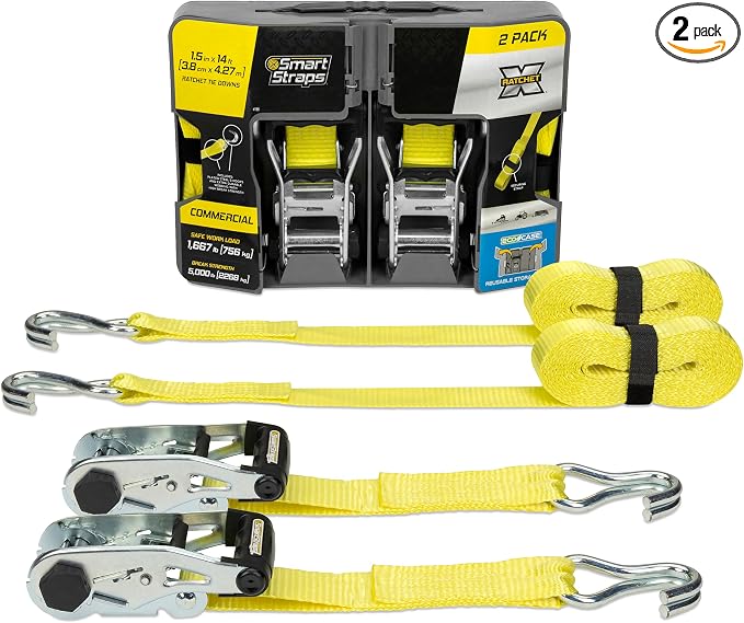 SmartStraps 14’ Ratchet Straps, 2 Pack –5,000lbs Break Strength, 1,667lbs Safe Work Load –Commercial Tie Down Straps for Heavy Duty Cargo, Haul Equipment and Vehicles