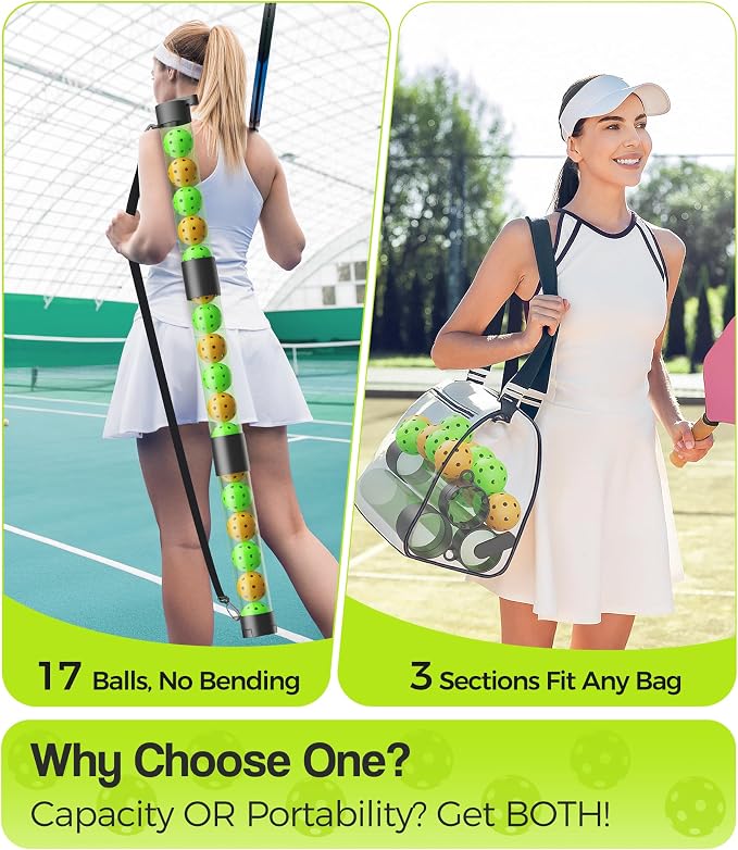17 Balls Pickleball Ball Retriever & Holder with Strap – Adjustable Height Ball Collector, Back Saver for Adults, Kids & Wheelchair Users – Lightweight, Portable, Eco-Friendly (Green)