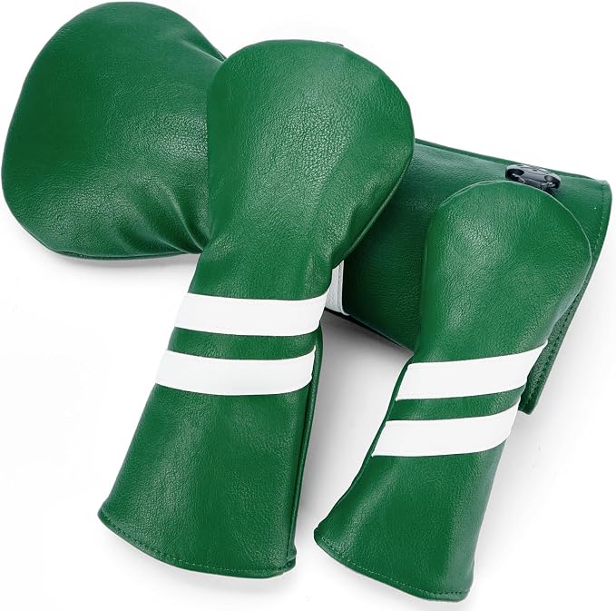3PCS Vintage Golf Club Classic Green and Black Driver, Fairway Wood and Hybrid Head Covers Set PU Leather Headcovers with Interchangeable No. Tag