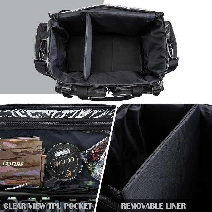 Goture Large Tackle Bag, Included 1 Utility Tackle Box and 2 3700-Size Trays, 600D Water Resistant Saltwater Gear Storage Big Fishing Bag with EVA Bottom, Removable Dividers, Fishing Gifts for Men