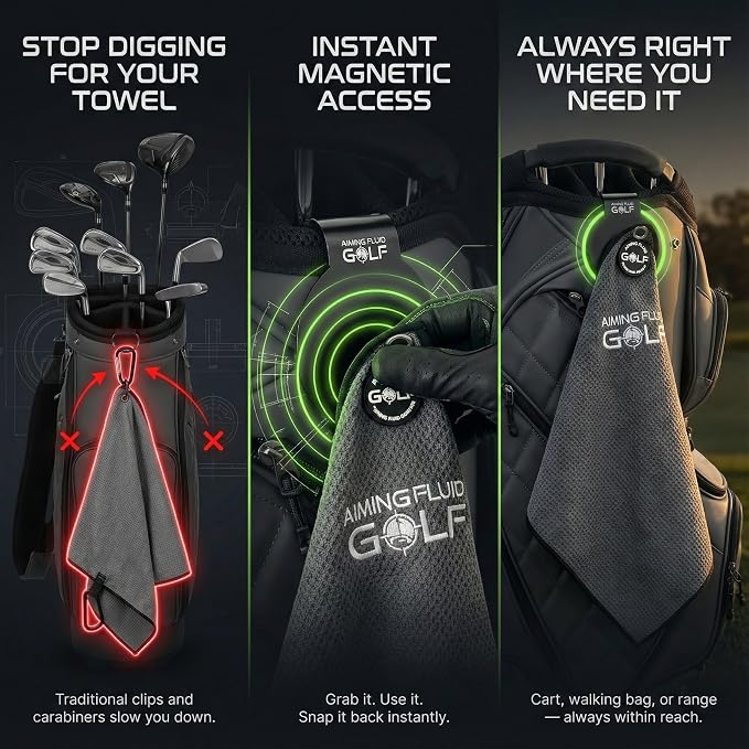 Magnetic Golf Towel & Landing Pad Bundle – Premium Microfiber Waffle Weave | Light-Duty Magnet | 3-Stage Cleaning System (Scrub/Wash/Dry) | Universal Magnetic Docking Pad | 16"×24" Towel – Grey