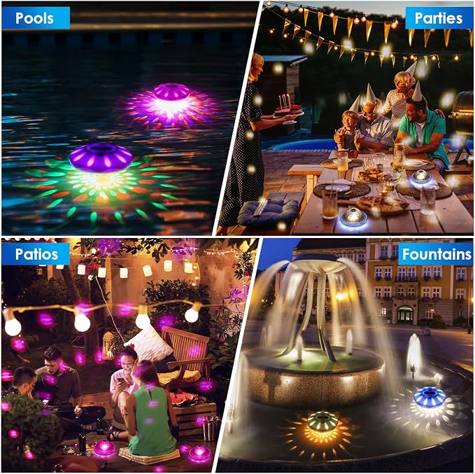 QOLNBY Floating Pool Lights(2 Pack), IP68 Waterproof Pool Lights, Rechargeable RGB Upper and Lower Color Changing Pool Lights with 6 Dynamic Lighting Effects, Floating Light for Pond Gardens,Party