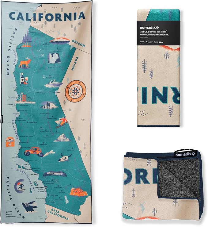 Nomadix Original Towel - Perfect for Beach, Pool, Travel, Camping, Yoga - Made with Recycled Materials - Super Absorbent - Sand Resistant (California Map)