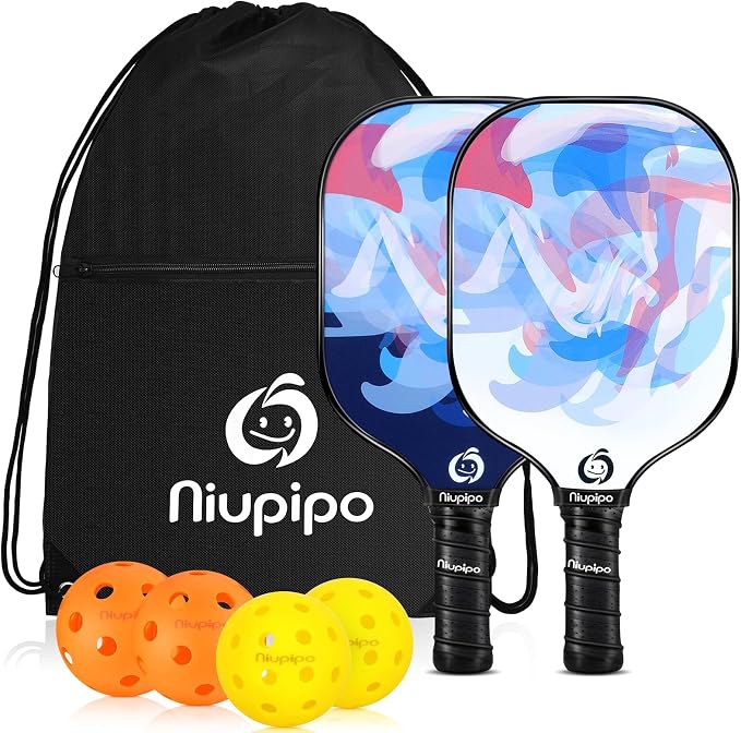 niupipo Pickleball Paddles Set of 2 or 4, USAPA Approved Fiberglass Pickleball Paddle Set with Balls and Bag, Polypropylene Honeycomb Core, Lightweight Pickleball Paddles for Beginners Men Women