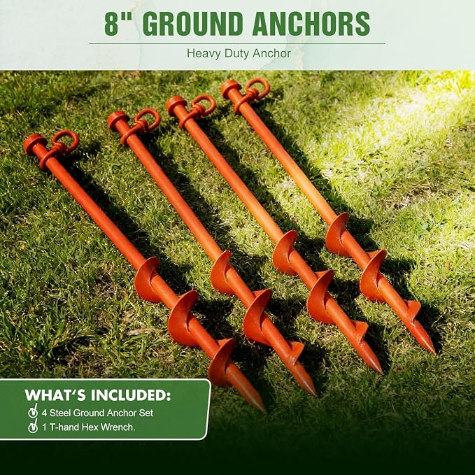 Hiboom 4 Pcs Ground Anchors with T Handle Hex Wrench Trampoline Hook, Ground Anchor Screw in Kit, Inflatable Outdoor Decorations Accessories for Camping Tents Car Ports Canopies (Orange,8 Inch)