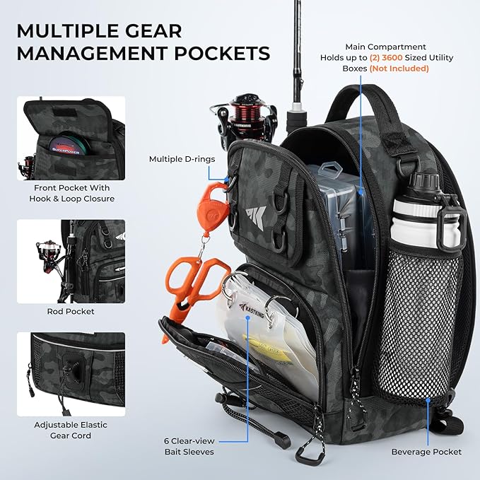 KastKing BaitSpace Fishing Sling Bag, Fishing Backpack with Rod & Beverage Holder, Tackle Bag for Fishing Gear