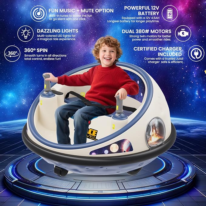 Electric Bumper Car with Remote Control, 360°Spinning Ride-on Vehicle, Rechargeable Indoor Outdoor Kid Car with LED Lights & Soft Bumper–Fun Gift (White)