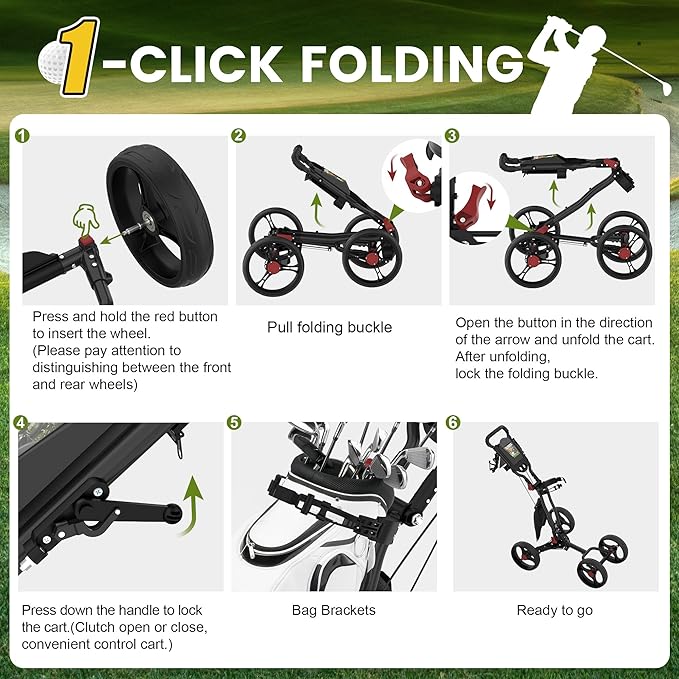 4-Wheel Golf Push Cart, 1-Click Folding, 300 lbs Load Capacity, Large Storage with Cup Holder, Cooler Bag, 10" Durable Wheels with Brake for All-Terrain, CruiseMaster V8 Golf Cart