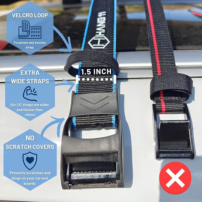 Hang 11 Surfboard Roof Rack - Soft Padded Surfboard Rack for Car, No-Scratch Buckles, Fits Most Vehicles Without Crossbars, Extra-Wide 1.5” Straps, Carries up to 6 Boards (Double / 6 Boards)