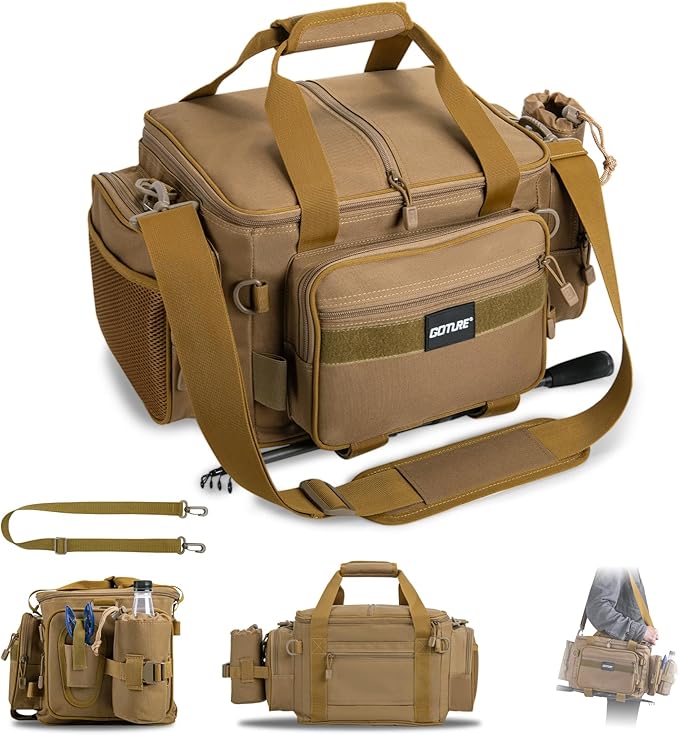 Goture Fishing Tackle Bag,Store Up to 4PCS 3700 Tackle Boxes(Not Included),600D Soft Side Water-Resistant Saltwater Gear Storage Fishing Bag with Rod Straps,Detachable Water Bottle Pouch,SBS Zippers