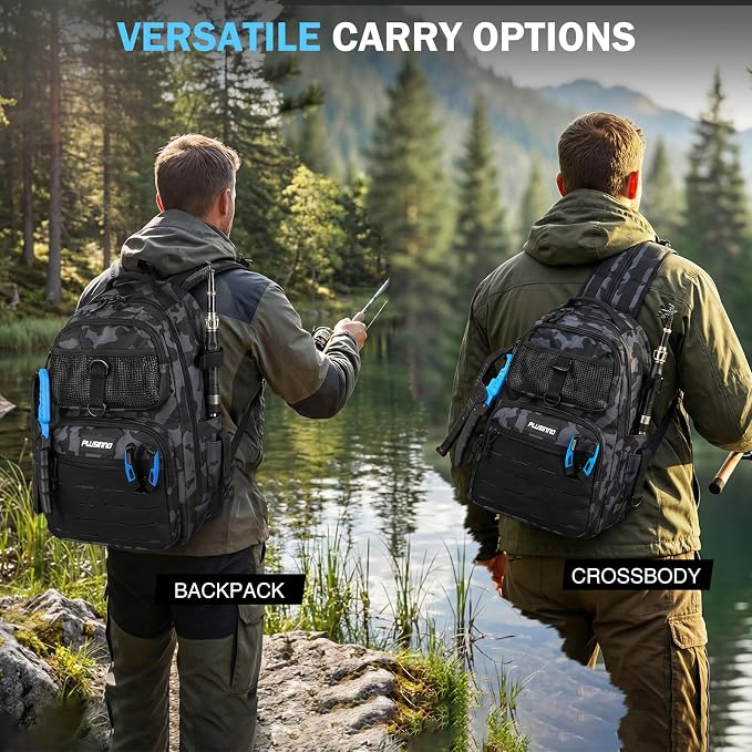 PLUSINNO Fishing Gear, Fishing Backpack with Tackle Box, Waterproof tackle Backpack with Rod Holders, Lures, Tools, Pliers & Accessories, Fish Gifts for Men