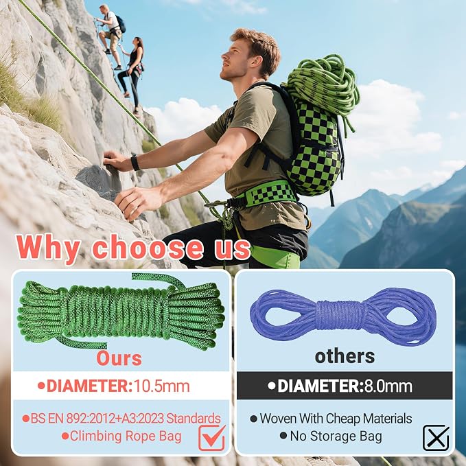 10.5mm Climbing Rope,32FT Static Rock Climbing Rope for Escape Rope Ice Climbing Equipment Fire Rescue Parachute