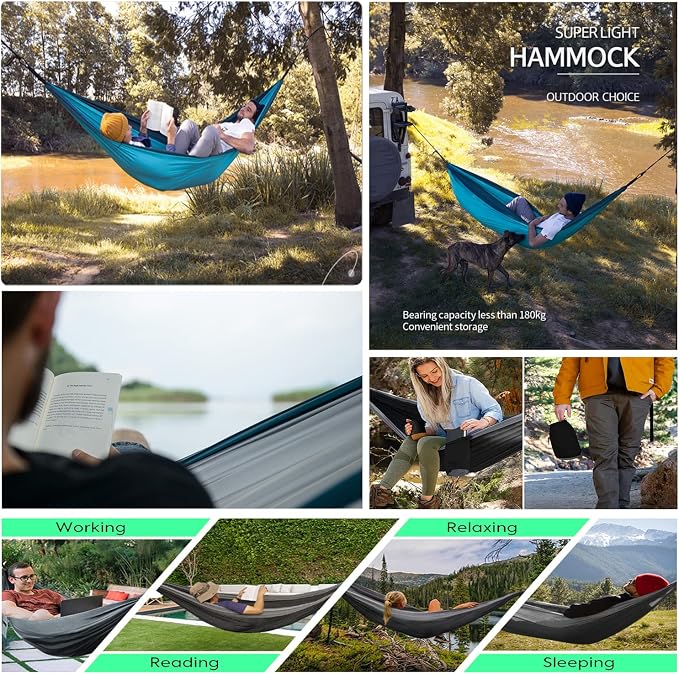 ERUW Hammock Camping, Portable Single/Double Hammocks for Outdoor Hiking Travel Backpacking - 210D Nylon Hammock Swing for Backyard & Garden (Blue/Sky Blue)
