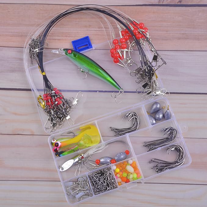 Saltwater Fishing Tackle Kit with Tackle Box Includes Surf Fishing Leader Rigs, Swimbait Lures, Hook Swivels, Fish Finder Rig, Sinker Weights, Fishing Gear and Equipment, Gift for Men