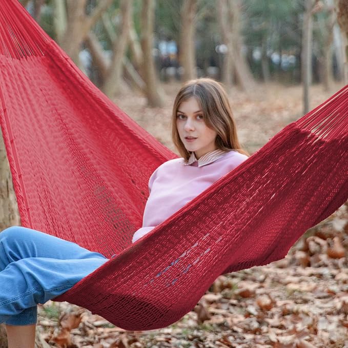 PNAEUT Handwoven Mayan Hammock, Thick Soft Rope Double Hammock for Outdoor Outside & Indoor, 600 lbs Capacity Heavy-Duty, Includes Tree Straps, Carabiners & Carrying Bag (Burgundy Fiesta Red, X-Large)