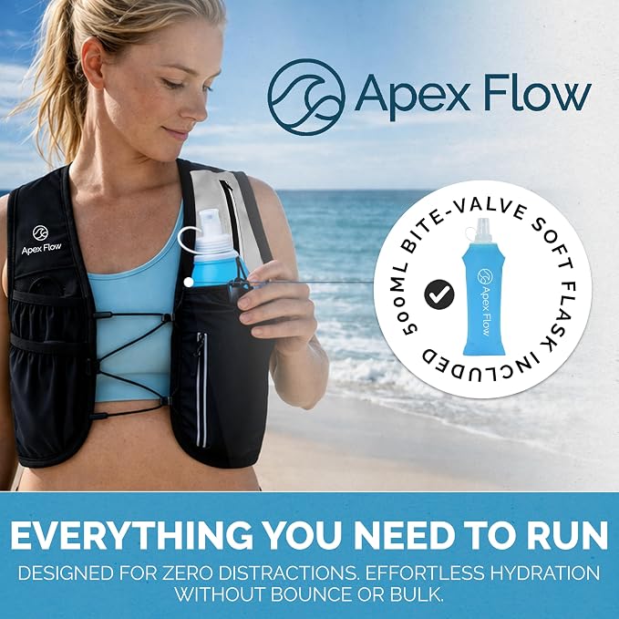 Apex Flow Running Vest for Men & Women, Adjustable Chest Straps, 9 Pockets Lightweight Reflective Hydration Vest with 500ml Soft Flask for Marathon