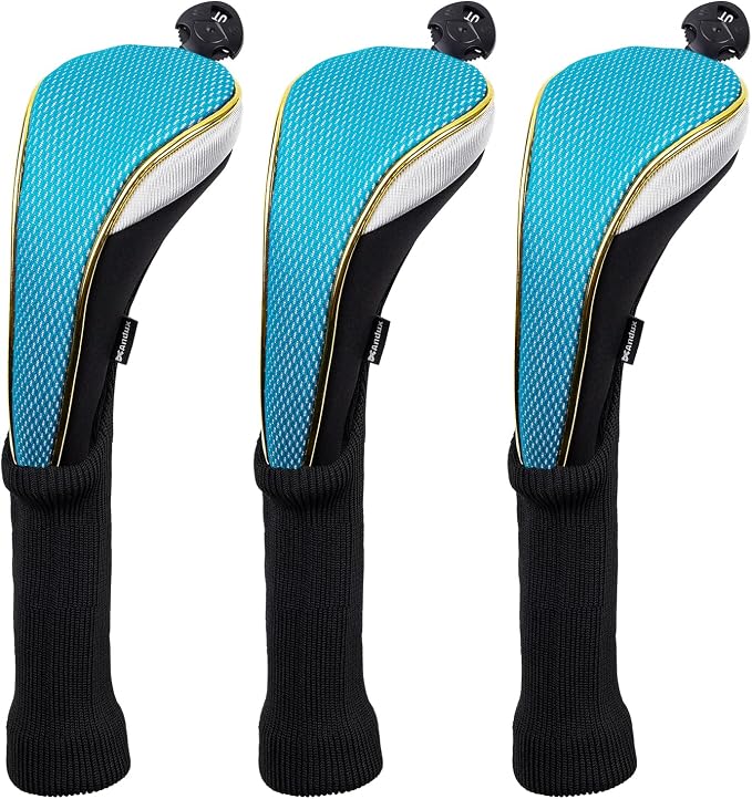 Andux 3Pcs/Set Long Neck Gold Golf Hybrids Club Head Covers with Dial No. Tag MT/HY14