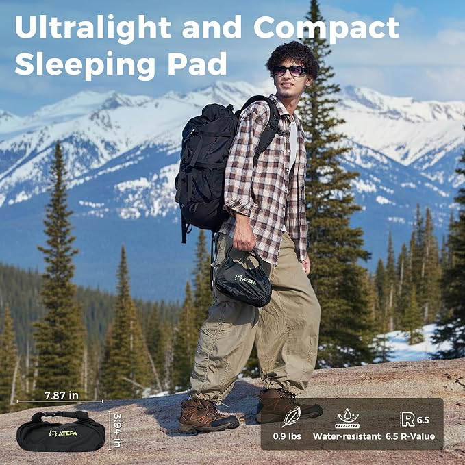 ATEPA ThermAir Ultralight Mummy Sleeping Pad for Backpacking, 6.5 R-Value Insulated Camping Air Mattress with Pump Sack, Compact Inflatable Sleeping Mat, Wide Long Size 72"x21"