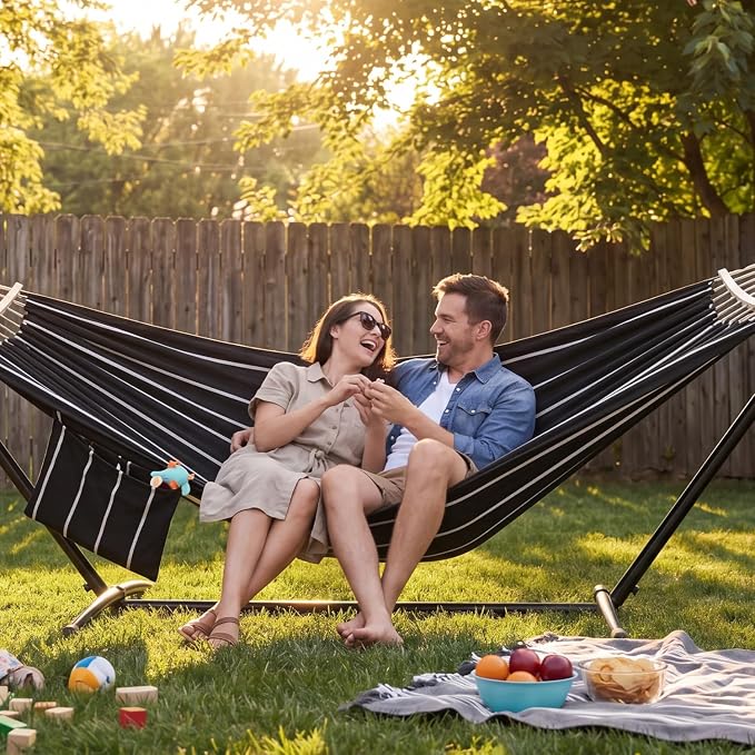GAFETE Double Hammock with Stand for Outside, Upgraded Spreader Bar, Heavy Duty Space Saving Steel Stand 2 Person, Side Pockets, Easy Assembly, 600lbs Weight Capacity, Indoor & Outdoor (Darkness)