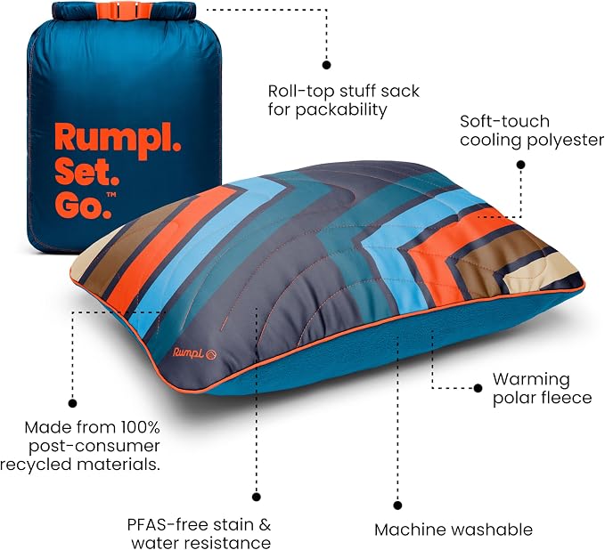 Rumpl Camp Pillow - Packable, Adjustable Comfort for Outdoors and Travel, Midnight Retro Stripes