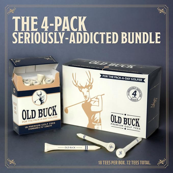 Old Buck 2 3/4" Bamboo Golf Tees, Premium Wooden Driver Tees in Cigarette-Style Carton — 18 Tees — Novelty Golf Gift for Men, Dad & Groomsmen