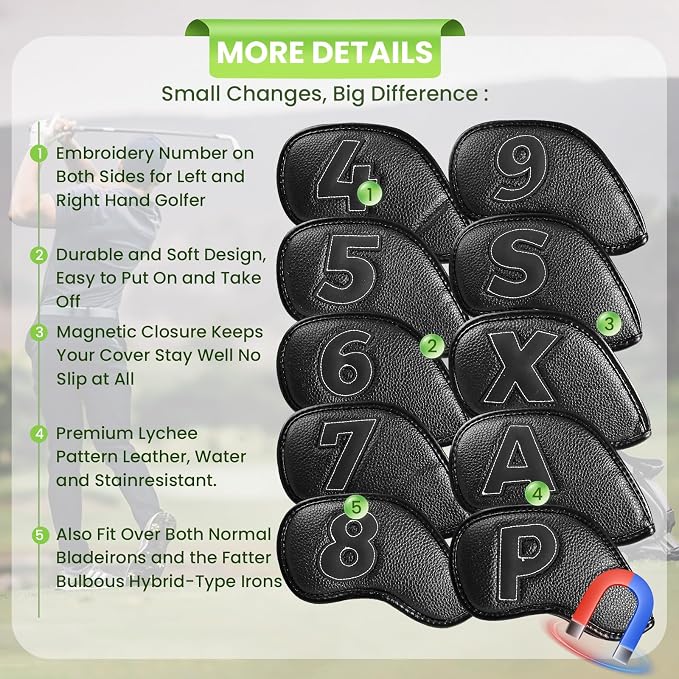Strong Magnetic Golf Iron & Wedge Headcovers Value 10 Pack, Black Durable PU Leather with Embroidered Numbers for Easy Identify, Premium Covers with Effective Protection for Club