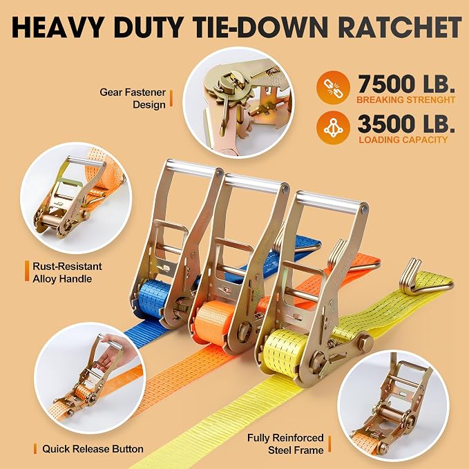 4Pack Ratchet Straps Heavy Duty-2 Inch x 20 Feet(7,500lb Break Strength), Tie-Down Ratcheting with J-Hook Cargo Straps Tiedown Ratchet for Moving and Transports with Trailers, Pickup, Flatbed Trucks