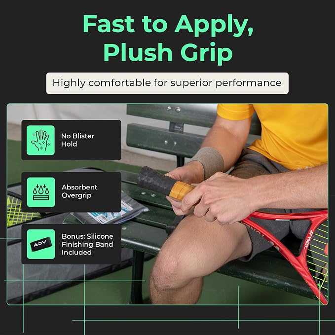 ADV Dry Tennis Overgrip Tape - 3, 6, 12, 30, 60 Pack - FeltTac Tennis Racket Grip Tape - Ultra Absorbent Tennis Grip Tape - Comfort Tennis Racket Grips - Tennis Grips Overgrip